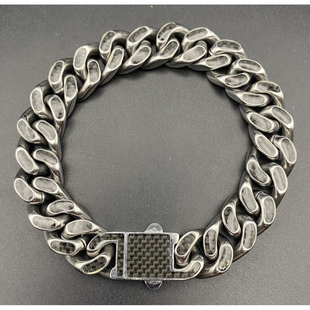 Stainless Steel Bracelet Black Carbon Fiber-Style Miami Curb Link Cuban Hip Hop